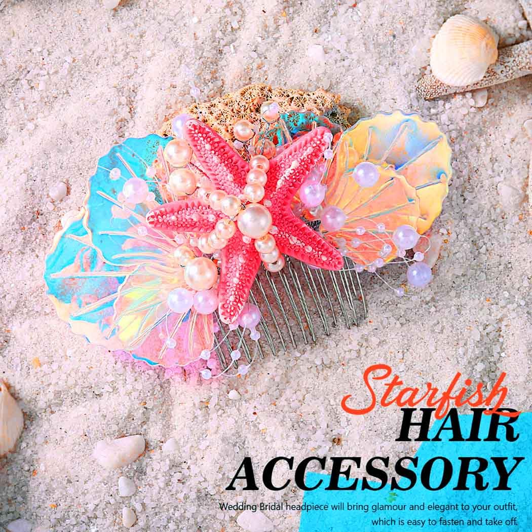Mermaid Starfish Hair Comb Pearl Shell Hair Piece Beach Wedding Hair Accessories for Women (Pink) - Image 3