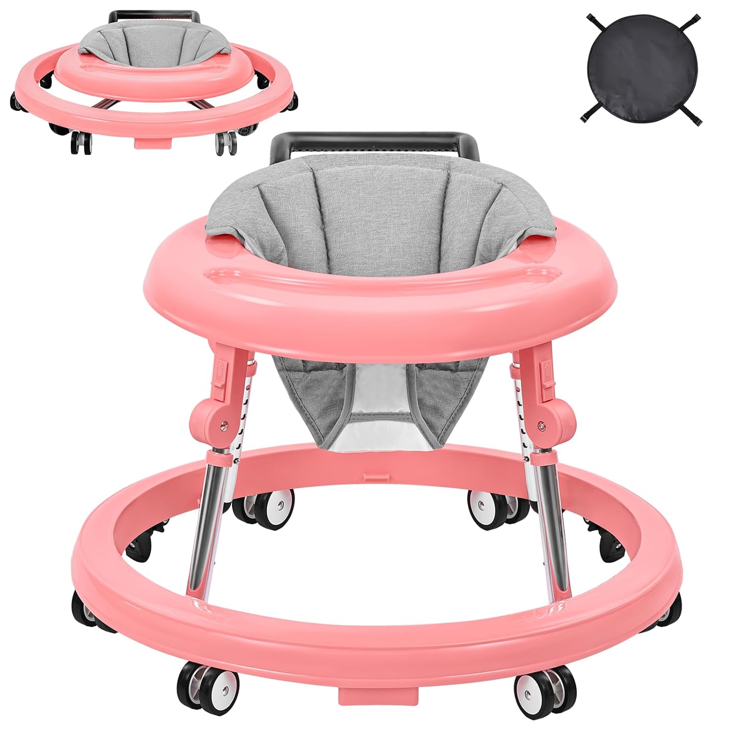 Baby Walker, Foldable 9-Gear Height Adjustable Baby Walker with Wheels, Infant Toddler Walker with Foot Pads, Anti-Fall Baby Walkers and Activity Center Bouncer Combo for Boys and Girls 6-24 Months