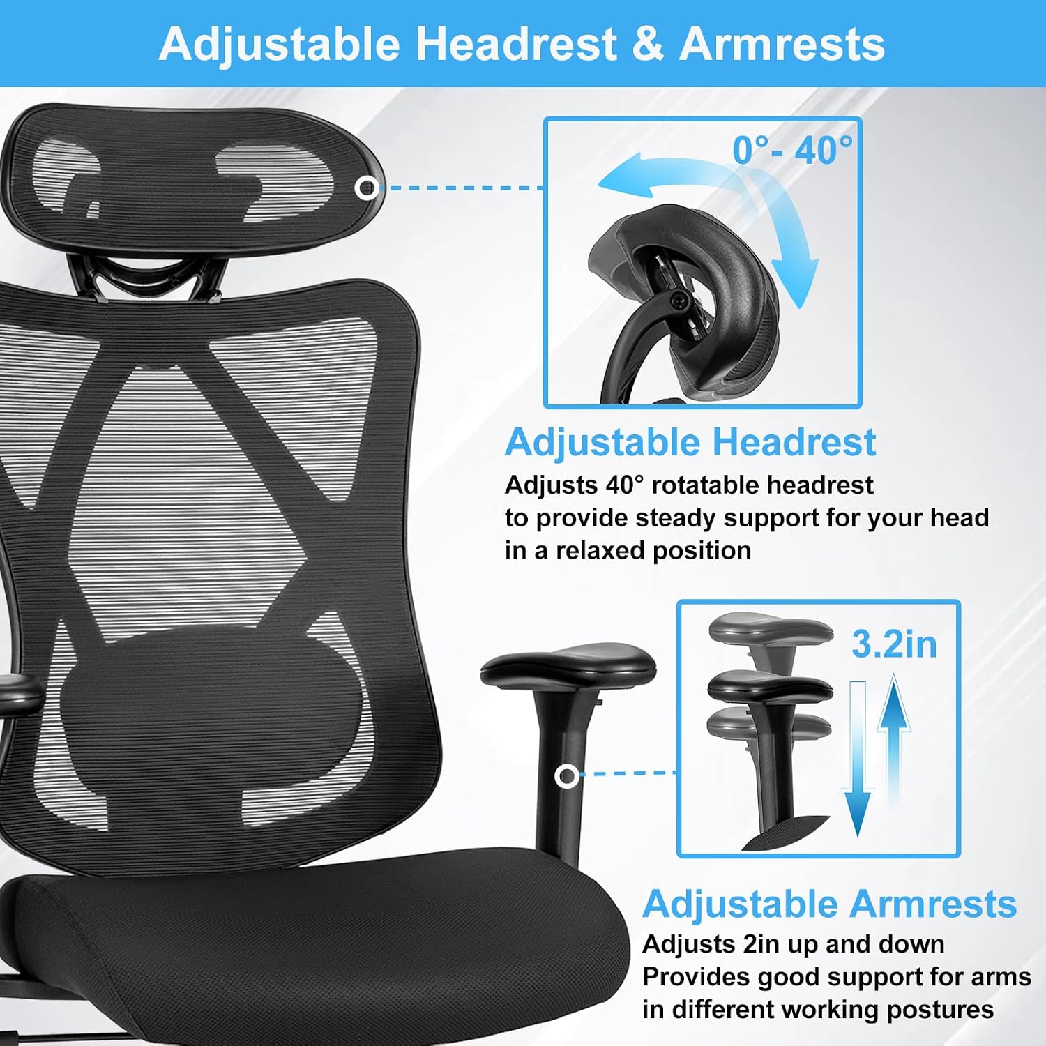 POWERSTONE Office Chair Ergonomic Mesh Office Desk Chair with 2D Adjustable Lumber Support High Back Computer Desk Chair with Adjustable Armrests and Headrest for Home, Office & Meeting Room