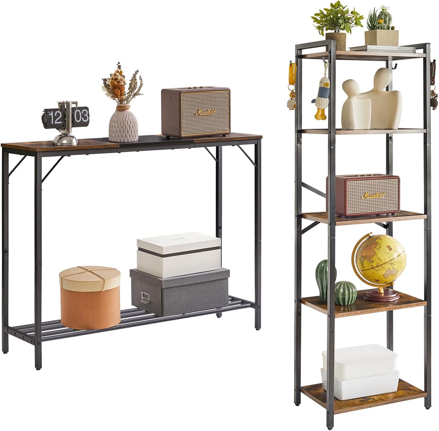 YMYNY Bookshelf, 5-Tier Ladder Shelf Organizer, 42.1" L Narrow Console Table, HBC005H+HST006HB