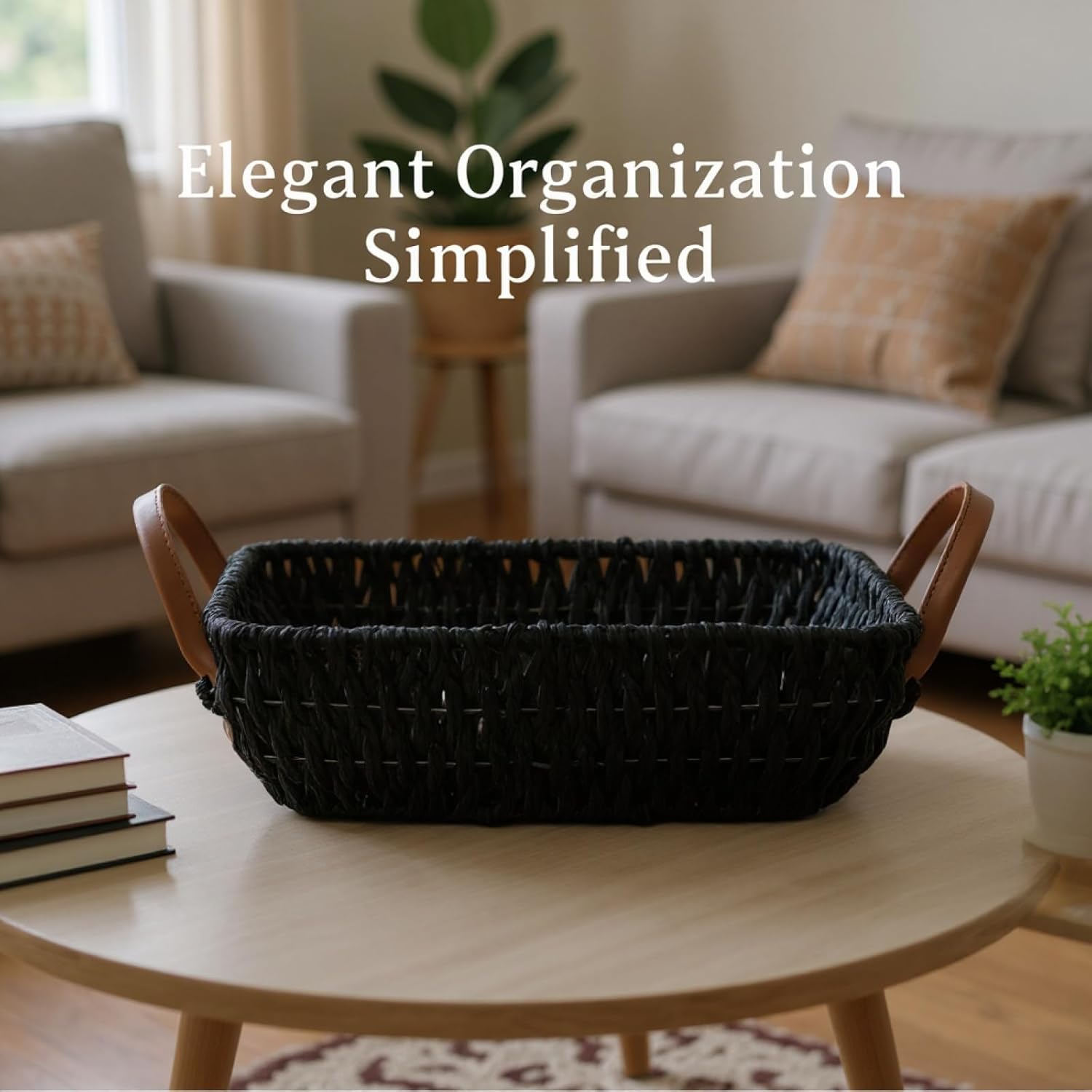 Storage Organizer Baskets, Black Wicker with Handles, Woven Paper Rope, 12.6 X 7.9 X 3.9 in for Shelf Table Coffee Table Decor