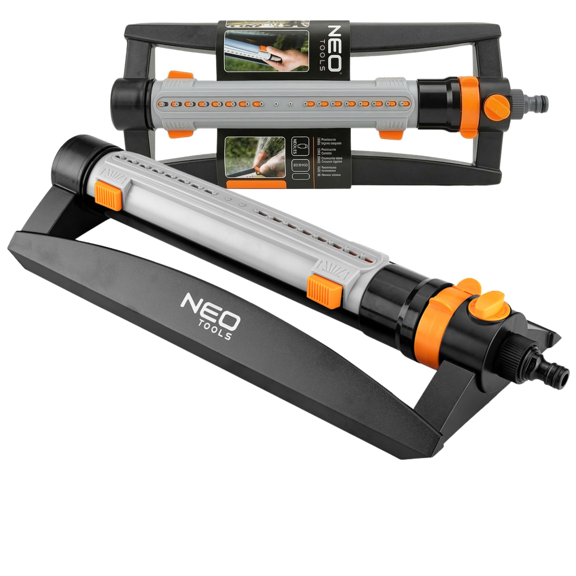 NEO TOOLS Arroseur oscillant de Jardin 18 Buses, Surface d’arrosage Jusqu’à 15 x 19 m, réglage précis de l’Angle et de la Largeur, Cadre Robuste en Plastique