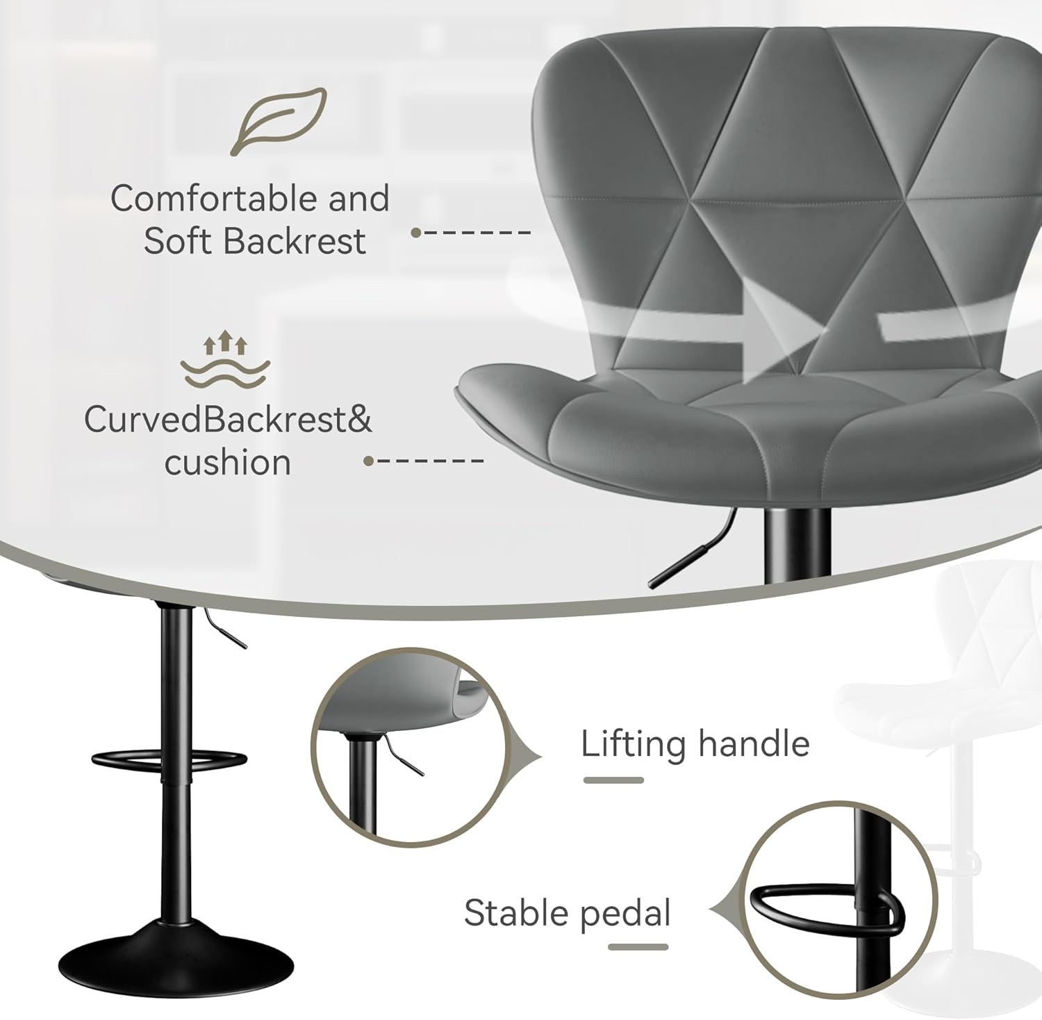 Bar Stools Set of 3,Adjustable Swivel Barstools, Faux Leather Bar Chairs,Upholstered Counter Height with High Backrest for Kitchen Island, Grey