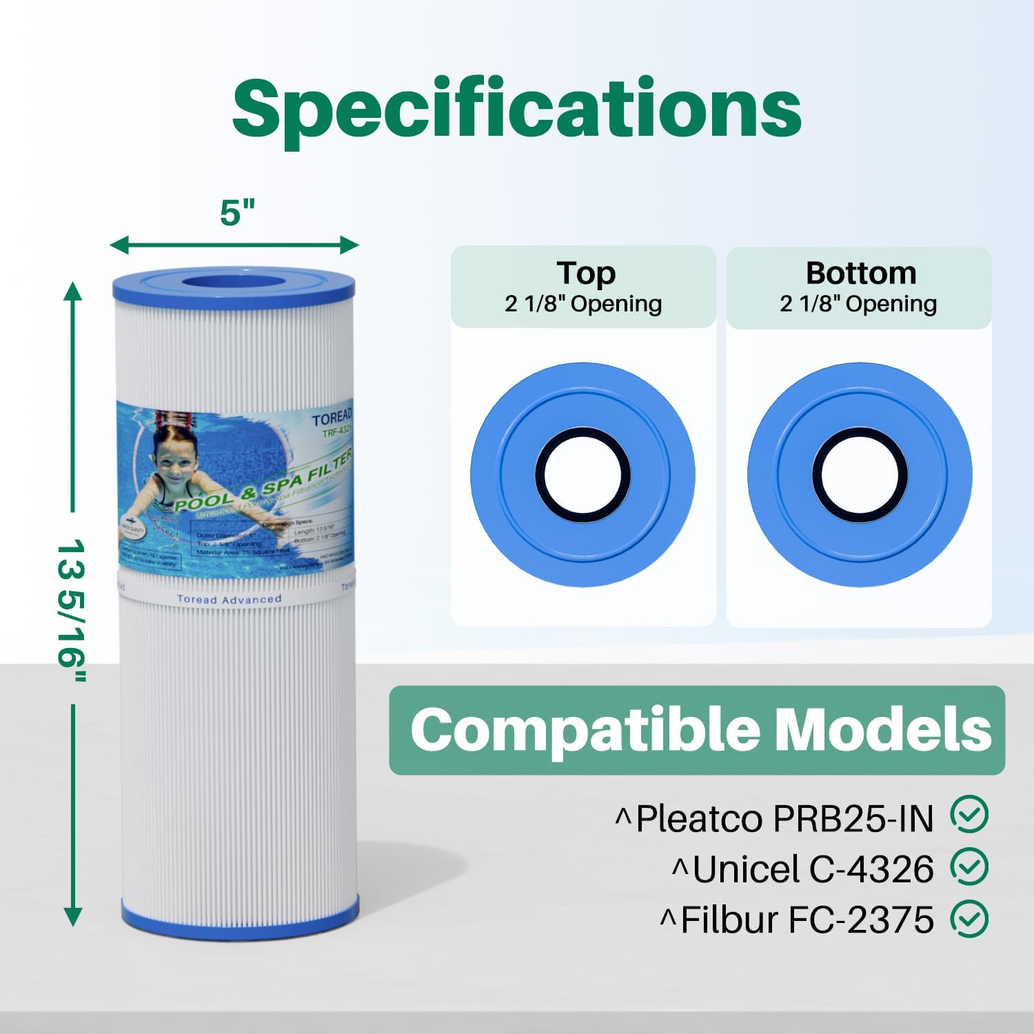TOREAD Spa Replacement Filter for Pleatco PRB25-IN, Unicel C-4326, Filbur FC-2375, FC-2370, R173429, 3005845, 17-2327, 100586, 33521, 25392, 817-2500, Guardian 413-106, 5X13 Drop in Spa Filter, 2 Pack - Image 2