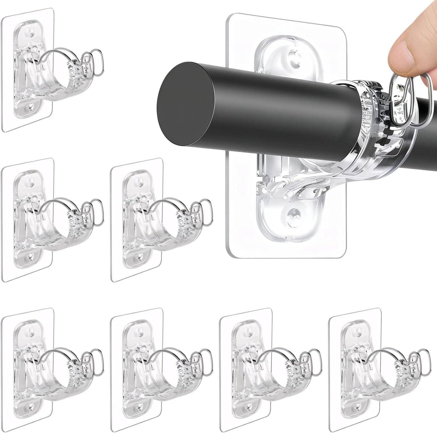 8 Pcs Clear Curtain Rod Holders, Adhesive Mount Brackets for 0.8-1.7 Inch Rods, No Drill Needed, Supports 15 Lbs, Ideal for Bathroom and Bedroom Walls