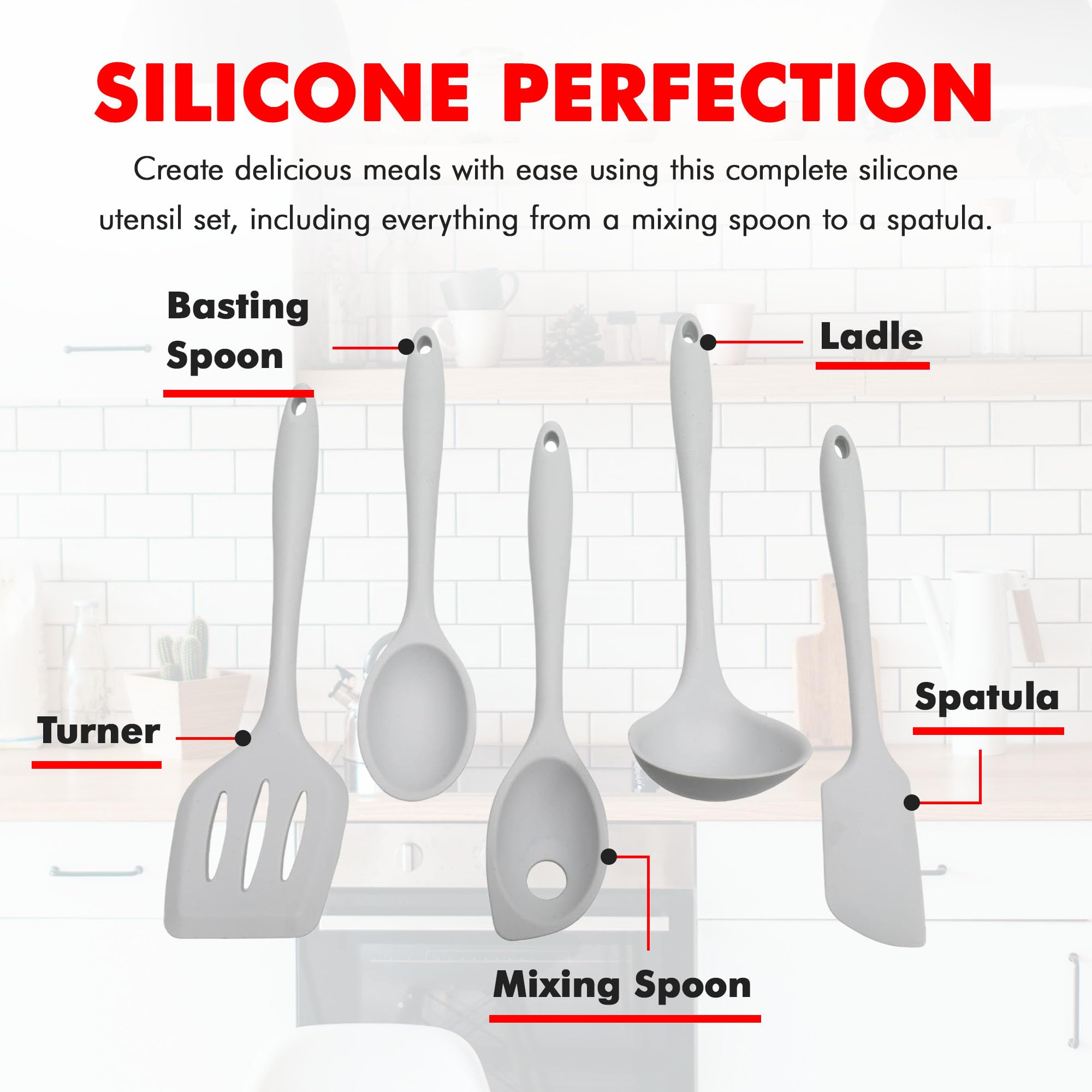 Chef Craft Juego de utensilios y utensilios de cocina de silicona premium, 5 piezas, gris