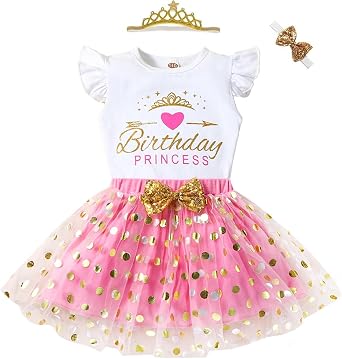 Toddler Baby Girls Birthday Princess Outfits Polka Dots Bubble Tulle Tutu Skirt Sets 2Pcs