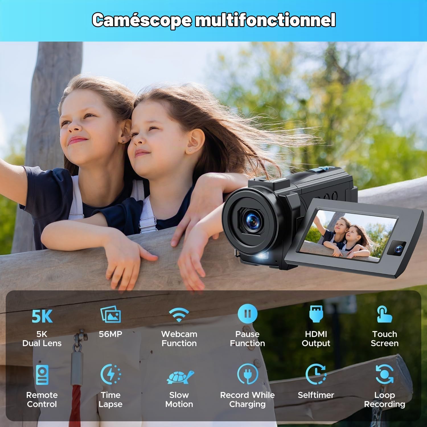 Caméra Vidéo 5K Caméscope, 56MP WiFi Vision Nocturne IR Double Objectif, 16X Youtube Vlog Caméra, 3" 270° Video Camera avec 2 Batteries, Carte 64 Go, Microphone, Trépied