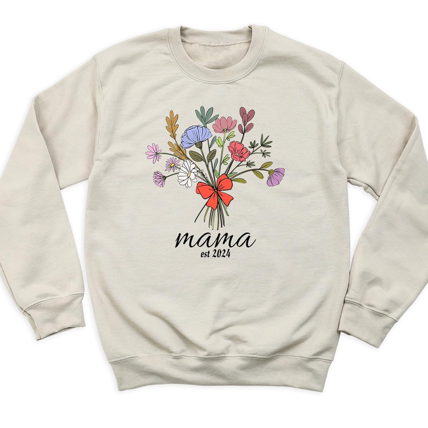 Personalized Mama Sweatshirt, Flower Bouquet Theme Mom Sweatshirt, Customizable Year of Motherhood, Long Sleeve Pullover Sweater, Gift for Mother’s Day Gift for Moms