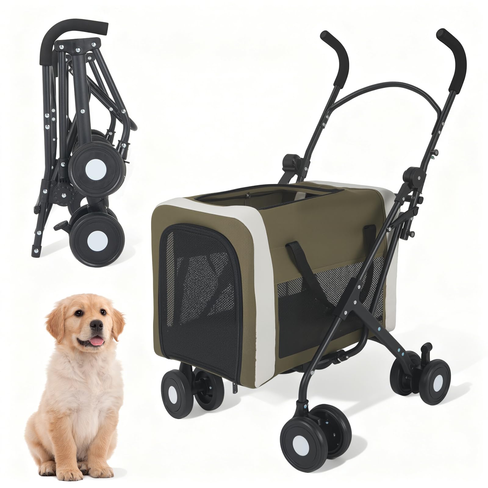 Poussette pour Chiens et Chats 30 kg, Poussette/Transporteur 2 en 1 pour Animaux de Compagnie, Panier Pliable à Deux Points d'entrée, Promeneur de Chien Portable en Plein air