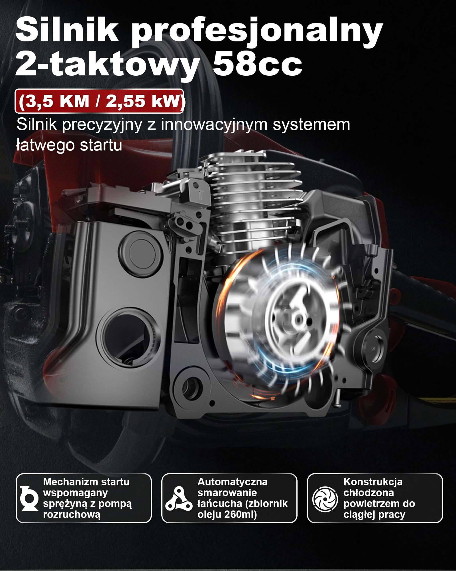 Benzynowa piła łańcuchowa 58CC Profi,2-suwowa piła łańcuchowa 3,5 KM, z mieczem 20" i 16", 2 łańcuchy, tłumienie wibracji, wyłącznik bezpieczeństwa, spalinowa piła do pielęgnacji drzew, prace