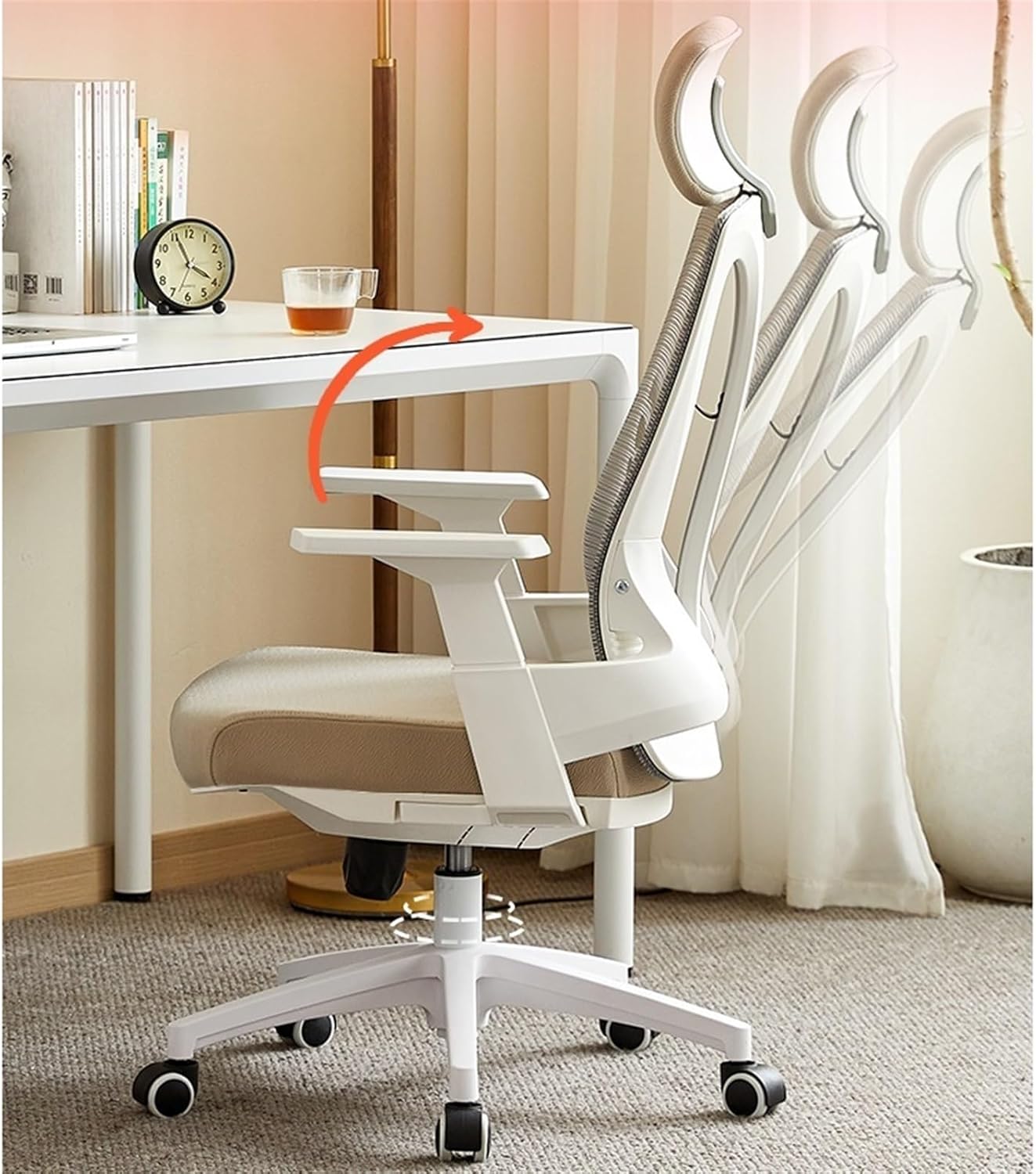 コンピューターチェア オフィスチェア 人間工学 快適 背もたれ 回転式 自宅学習デスク 調節可能なアームレストとキャスター付き エグ