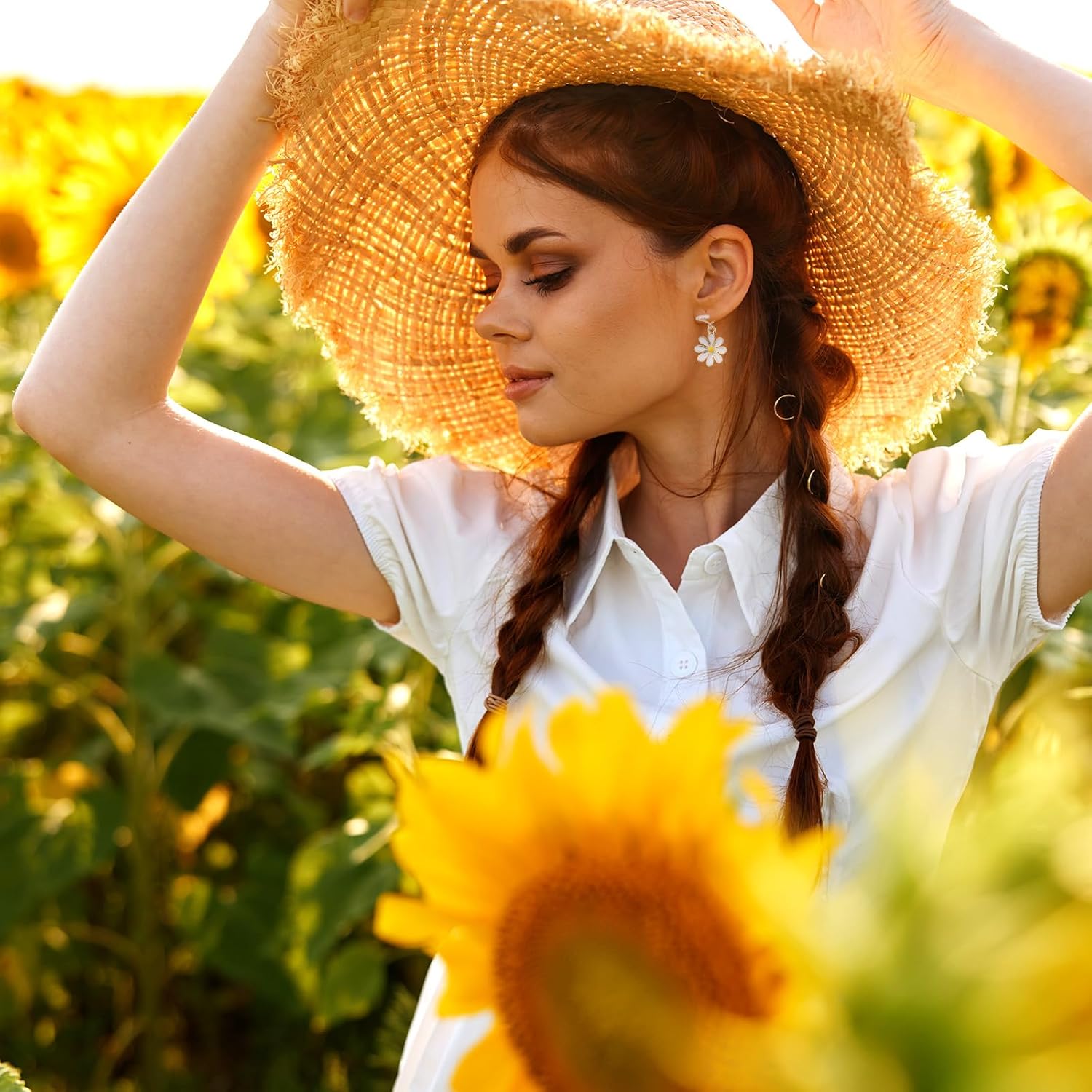 Clip on Daisy Earrings, Cute Drop Flower Earrings Minimal Non Piercing Dangle Earring Dainty Fashion Jewelry for Women Sweet Gift - Image 6