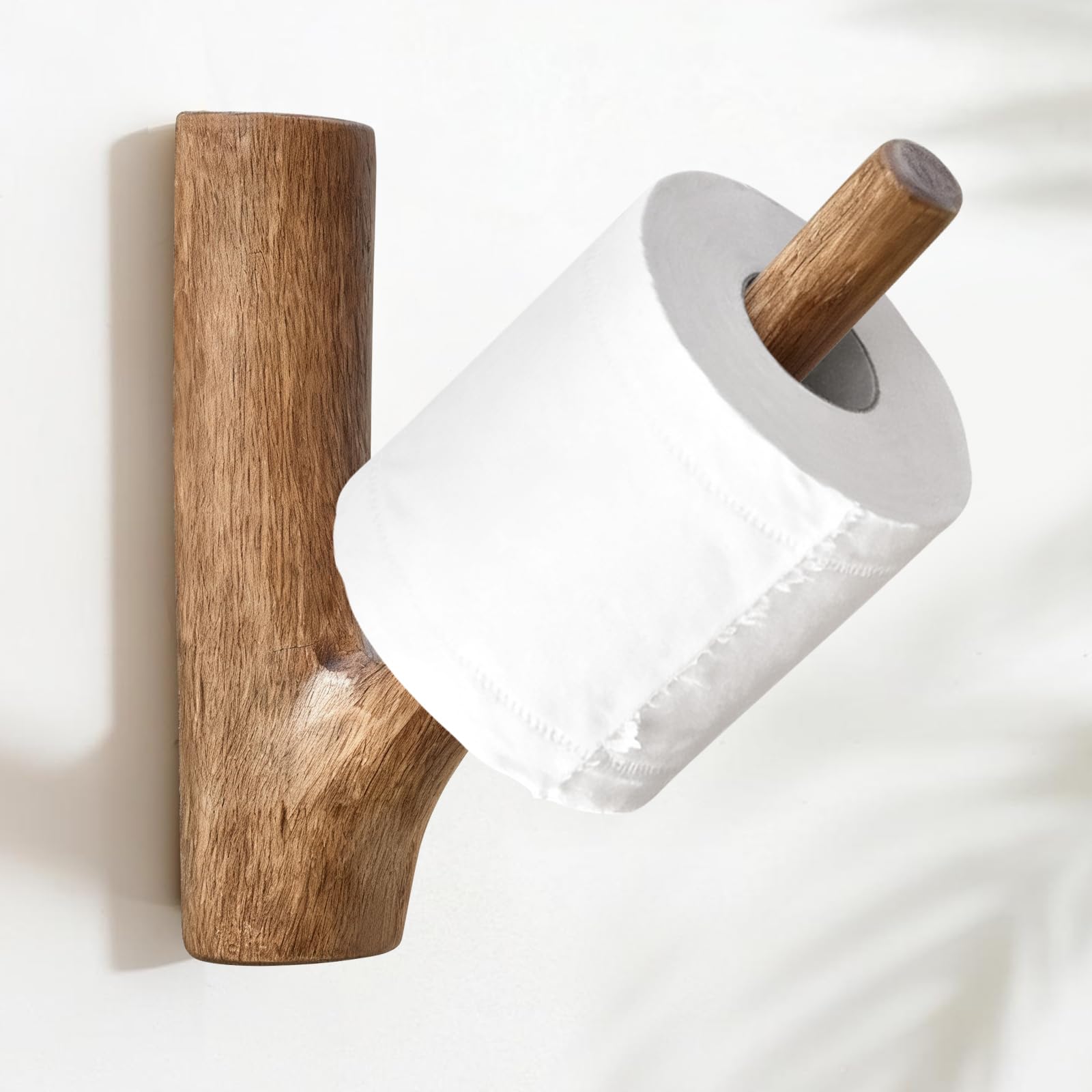 Voiolfolke Walnut Wooden Toilet Roll Holder – No Drilling Required, Self-Adhesive Bathroom Tissue Stand, Solid Wood Wall-Mounted Wooden Toilet Paper Holder, Modern Minimalist Natural Decor For Farmhouse Style