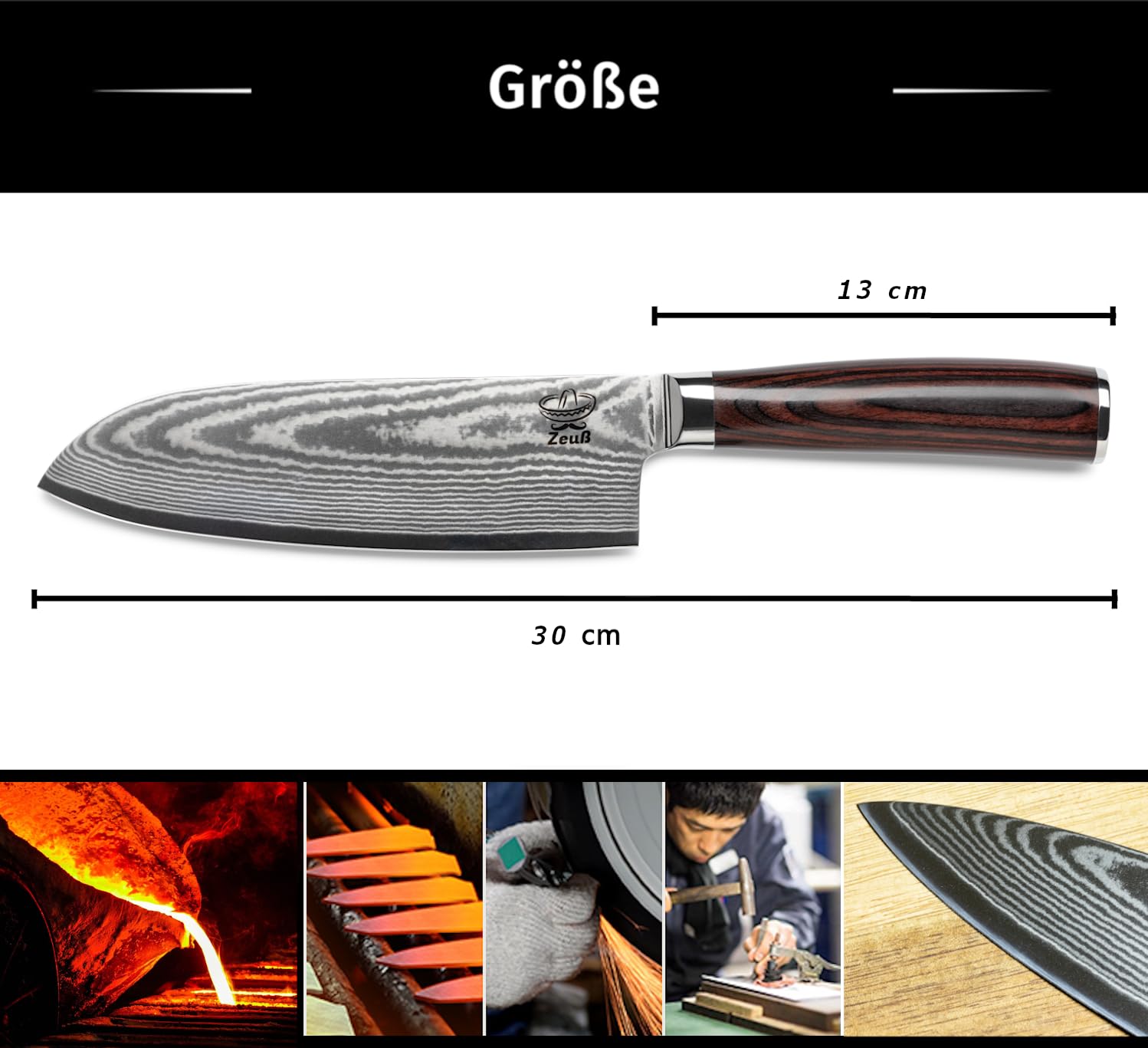 Damastmesser Santoku Messer XL (30 cm) TÜV geprüfter 62 HRC Damaststahl aus 67 Lagen I Damast-Küchenmesser Santokumesser mit Schleifstein Holzgriff Geschenkbox und Klingenschutz
