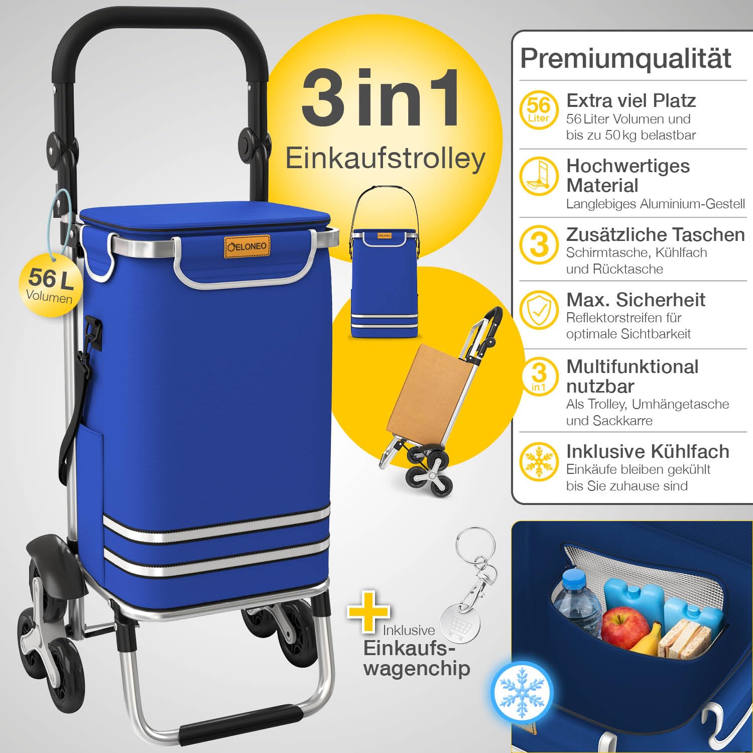 ELONEO Einkaufstrolley Treppensteiger mit Kühlfach, Einkaufsroller klappbar, Shopping Trolley höhenverstellbar, Reflektoren, abnehmbare Tasche 56 L, Hackenporsche (Treppensteiger-Trolley, Blau)