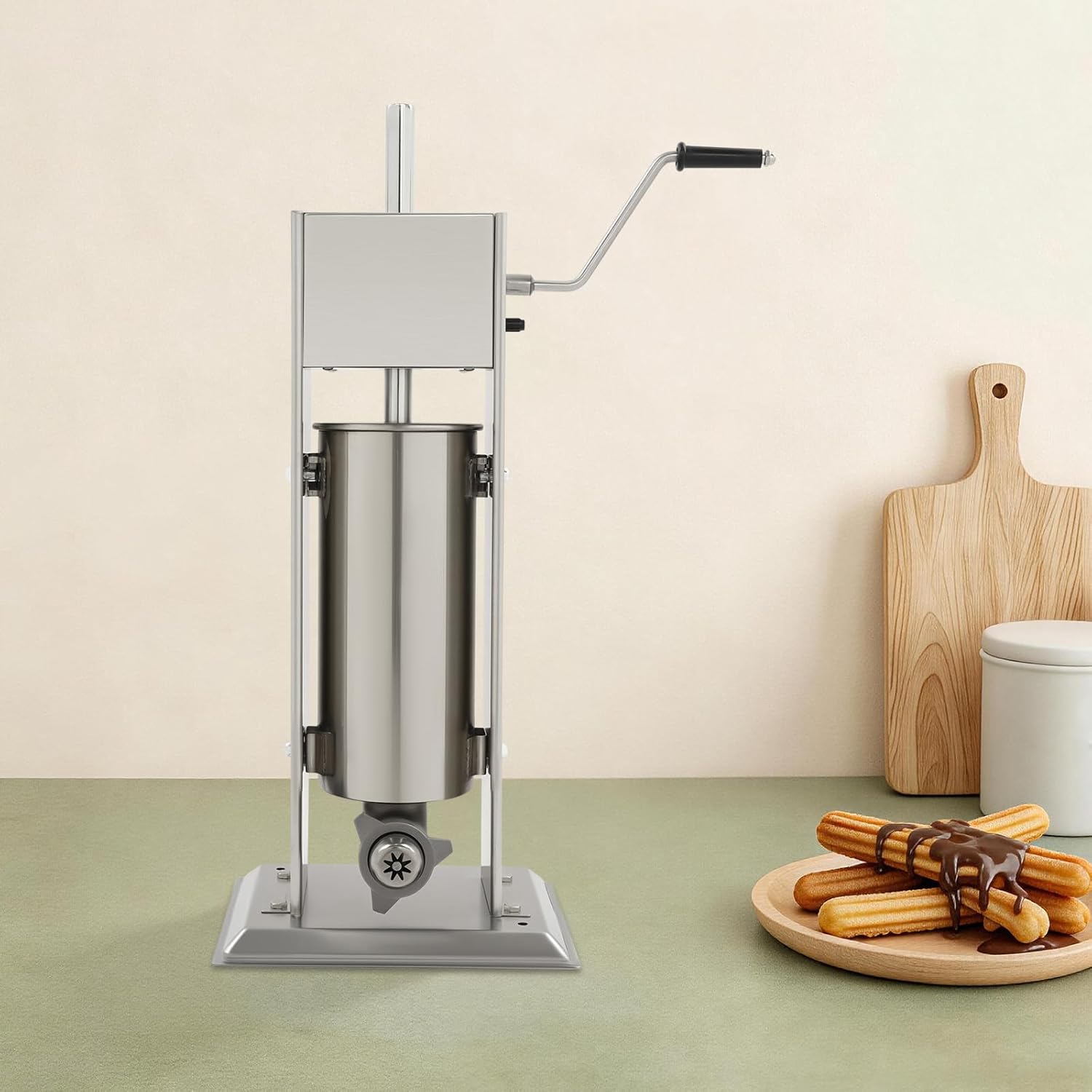5L Churro Maker Machine, Manual Churro Maker Stainless Steel Vertical Type Churro Machines with 4Pcs Nozzles, for Home Bakeries Food Factories Restaurants, Silver