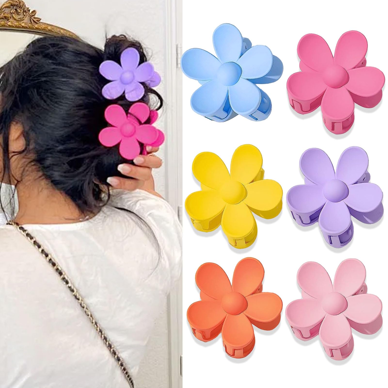 BAISEN 6 pcs Color Flower Hair Clips,3.14″ Large Hawaiian Flower Claw Clip for Women Thin Thick Curly Hair,Strong Non-slip