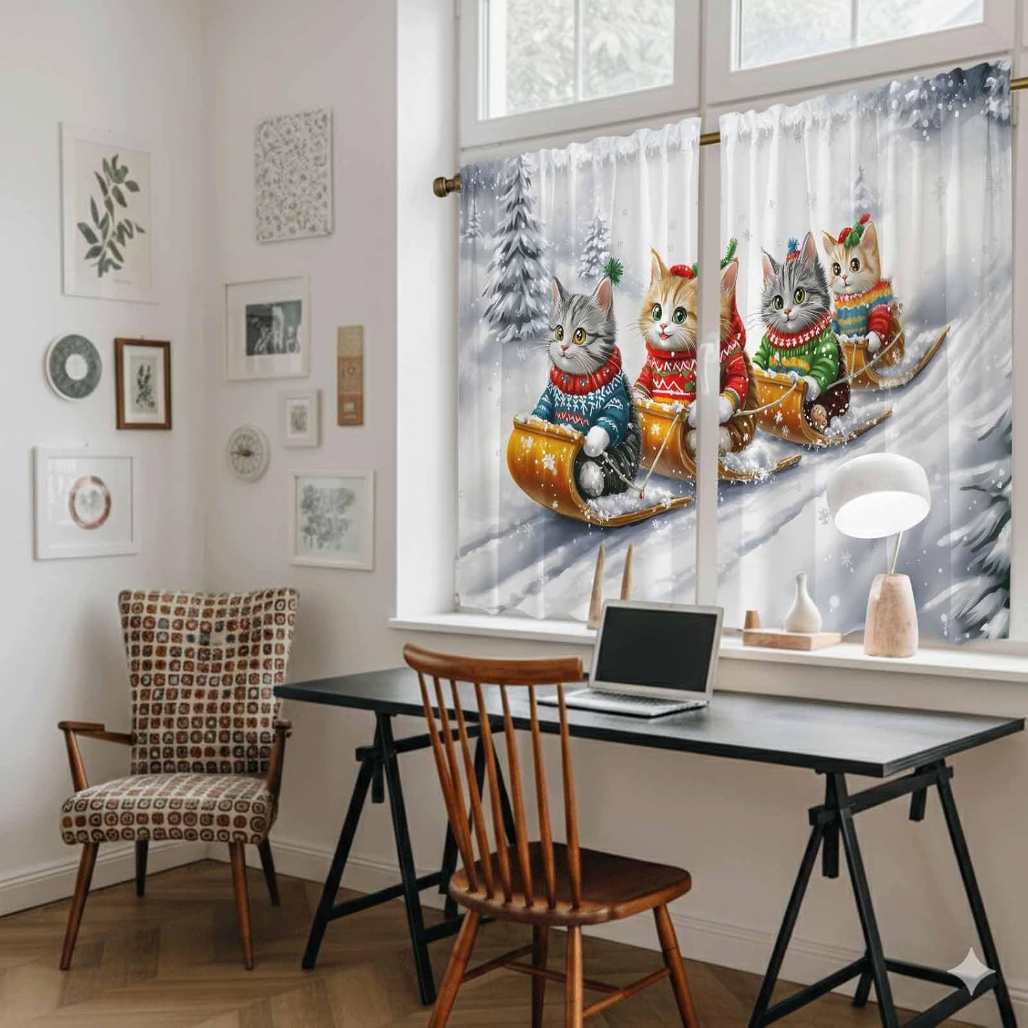 Christmas Kitchen Tier Curtains 45 Inch Long 2 Panel Set,Rod Pocket Short Window Treatment,Funny Cats Sleds Skiing Winter Forest Tree Curtains & Drapes for Bathroom Basement 27.5"W x 45"L