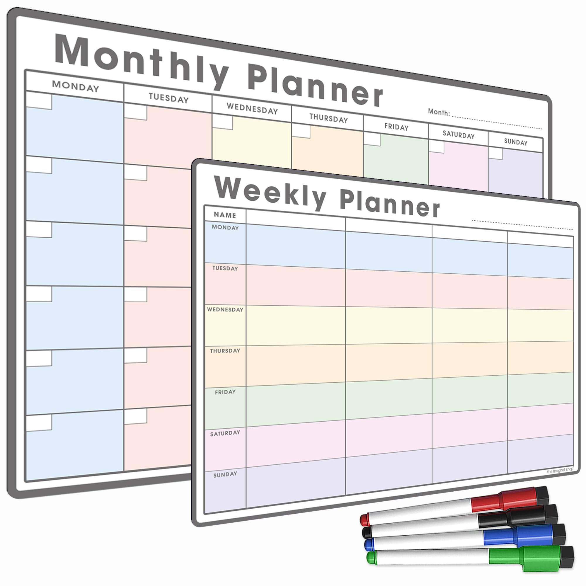 TMS Magnetic Whiteboard Planner Set | A4 Weekly & A3 Monthly Calendars with Memo Board, Shopping & to-Do List Functions | Meal Planner Bundle with 4 Dry Wipe Pens