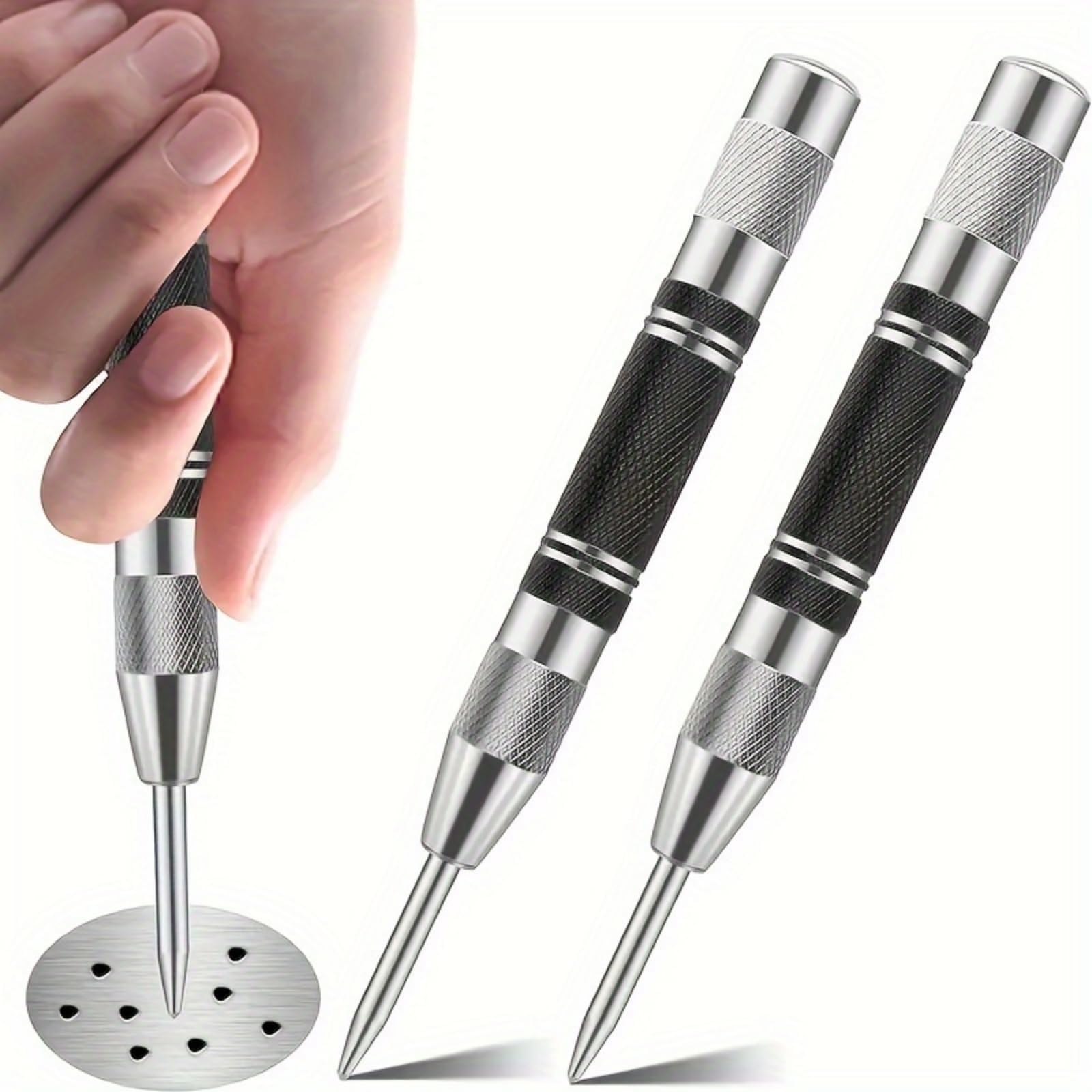 2Pcs Heavy Duty Automatic Center Punch Adjustable Spring Impact Center Marker Scriber Tool for Metel, Plastics, Wood, Glass Includes 2 Spare Punches