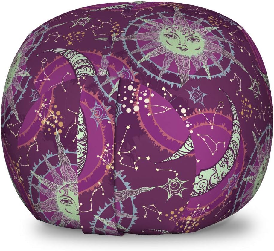 Lunarable Sun and Moon Storage Toy Bag Chair, Celestial Fantasy Composition with Constellations on Purple Backdrop, Stuffed Animal Organizer Washable Bag, Small Size, Multicolor
