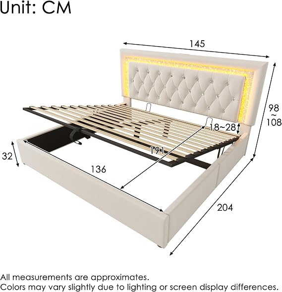 Double Bed Frame, 135x190cm Beige Velvet Upholstered Bed with LED Lighting and USB Type-C Charging, 4ft6 Hydraulic Storage Ottoman Bed Base with Adjustable Diamond Tufted Headboard and Metal Frame