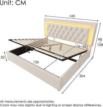 Double Bed Frame, 135x190cm Beige Velvet Upholstered Bed with LED Lighting and USB Type-C Charging, 4ft6 Hydraulic Storage Ottoman Bed Base with Adjustable Diamond Tufted Headboard and Metal Frame