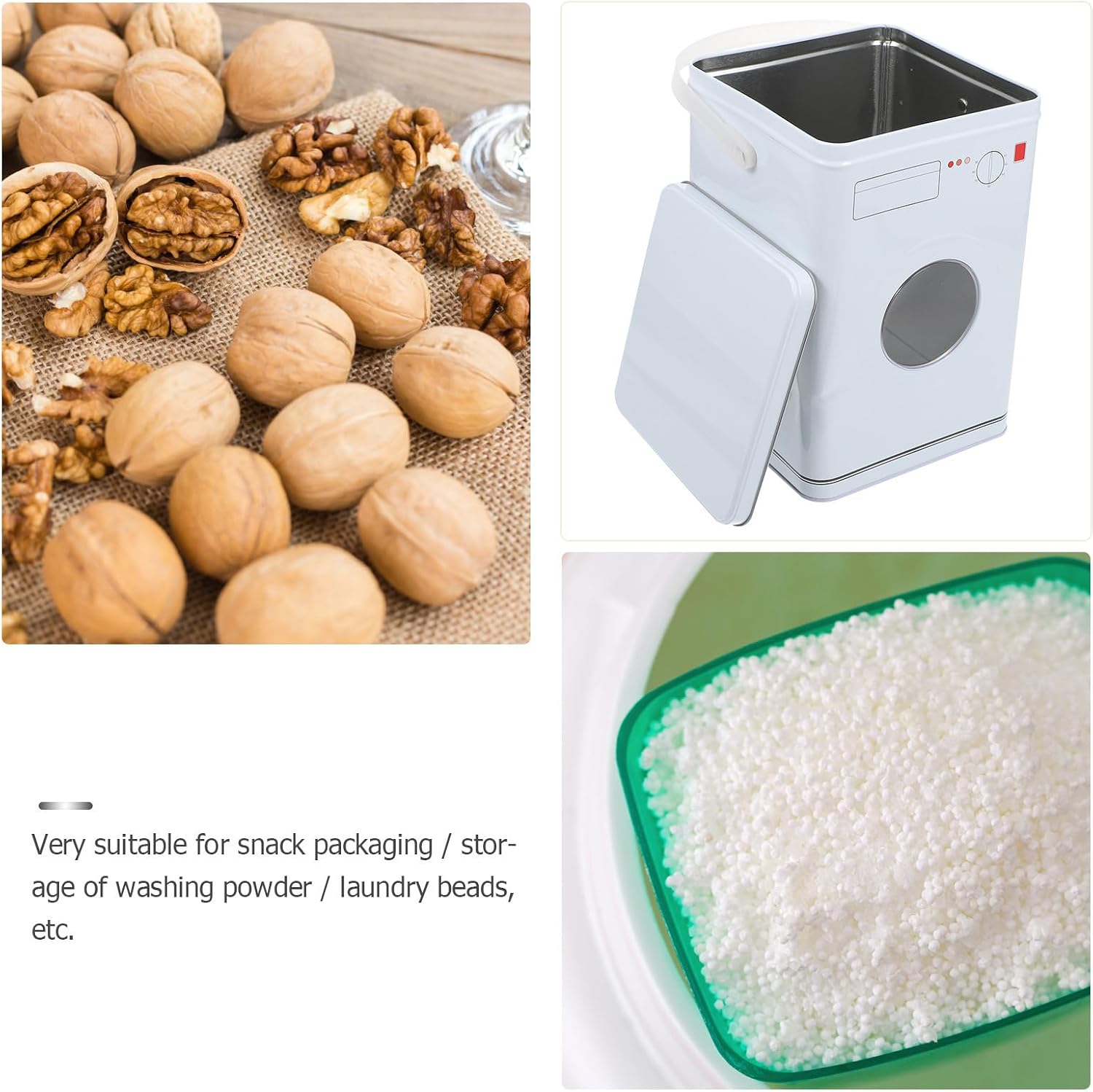 Large Capacity White Tinplate Storage Box with Handle, Washing Machine Shape Laundry Beads Container and Snack Organizer Box with Lid for Home Storage and Organization