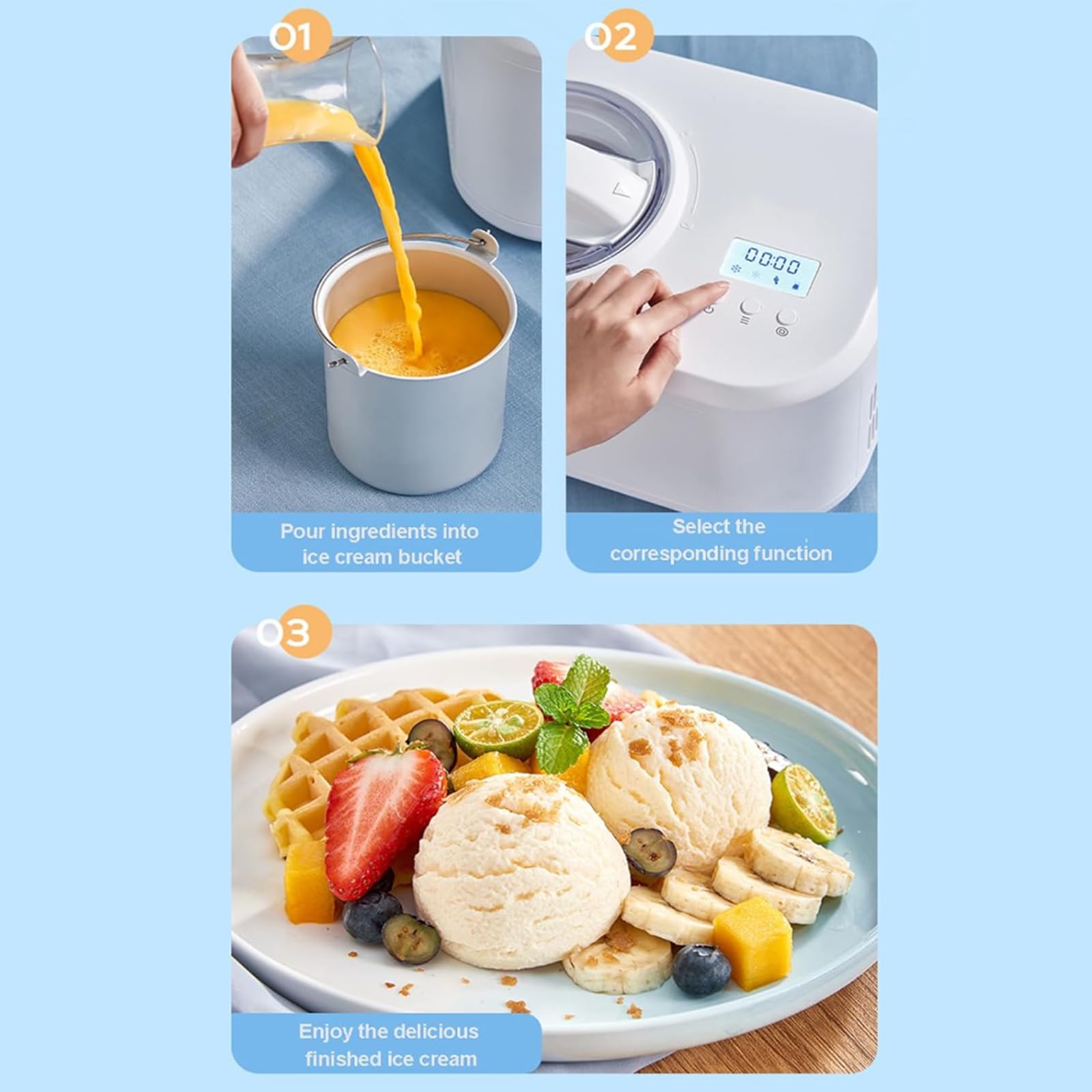 Heladera Automática, 1L Heladera con Compresor Y Pantalla LCD, Terminado En 30min, Sin Precongelación, Desmontable Fácil De Limpiar, Máquina De Yogurt Congelado Sorbete para Cocinas Caseras