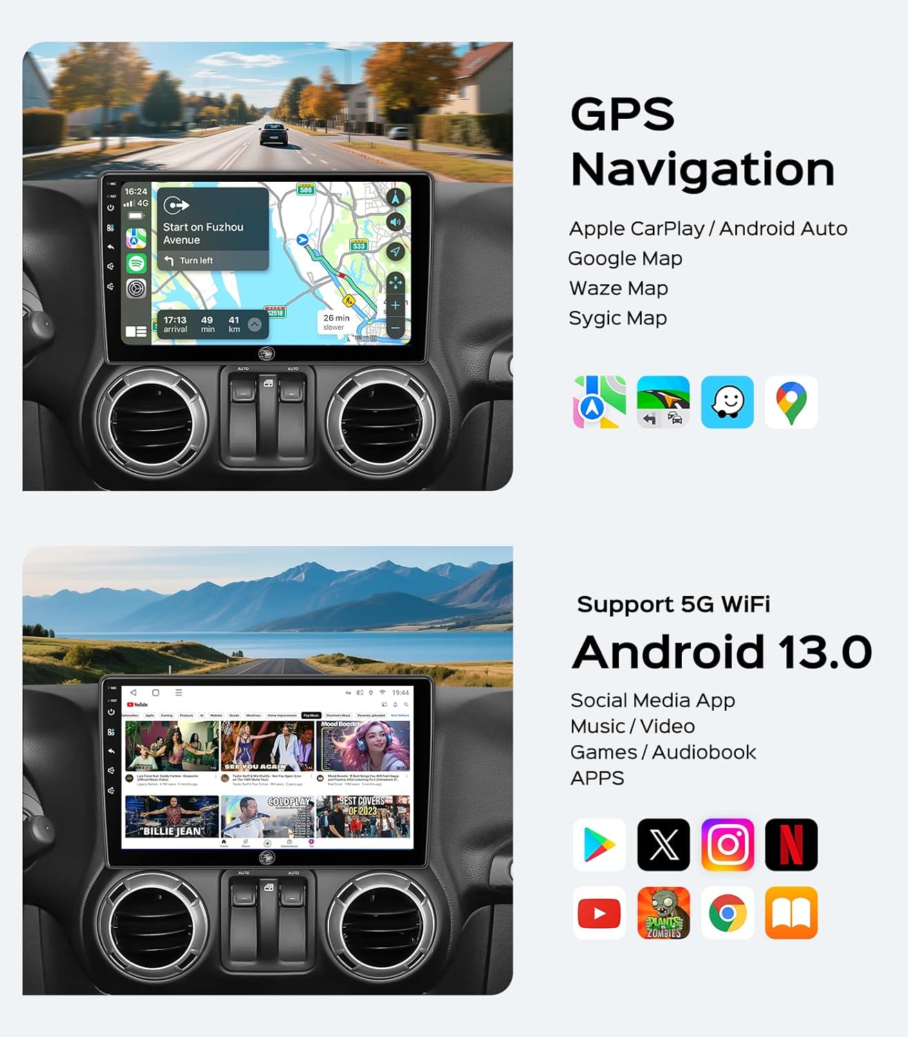 Car Radio Stereo for Jeep Wrangler JK Compass Grand Cherokee Dodge Ram 2009-2012 with Wireless CarPlay/Android Auto/Touch Screen/Android 13/GPS Navigation/HD Backup Camera (4 Cores 10“ 4+64G)