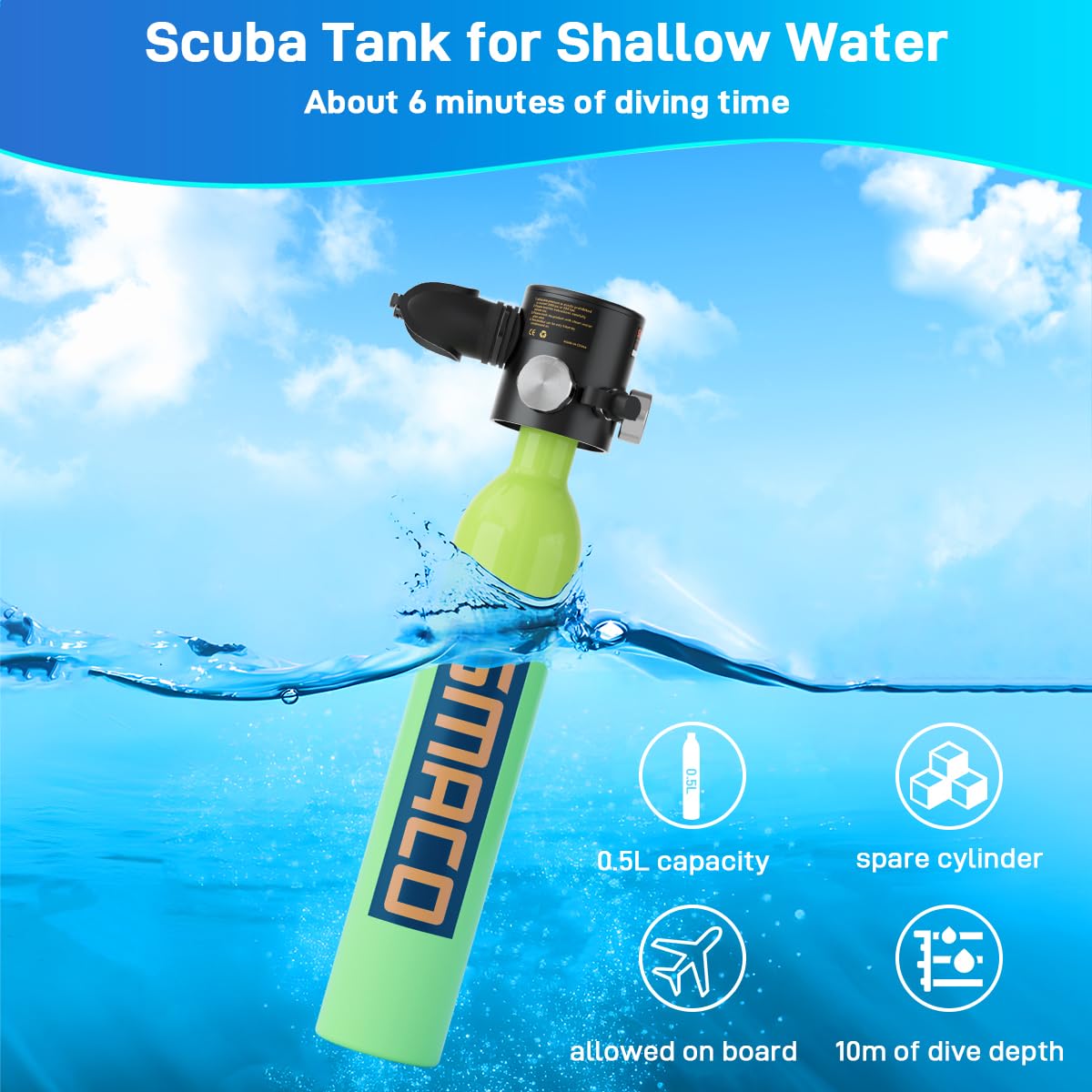 SMACO Mini Scuba Tank 0.5L - Portable Diving Tank with Up to 10 Minutes Air Supply, Compact Emergency Pony Bottle for Free Diving, Snorkeling & Scuba Backup (33ft/100ft) - Lightweight Oxygen Tank