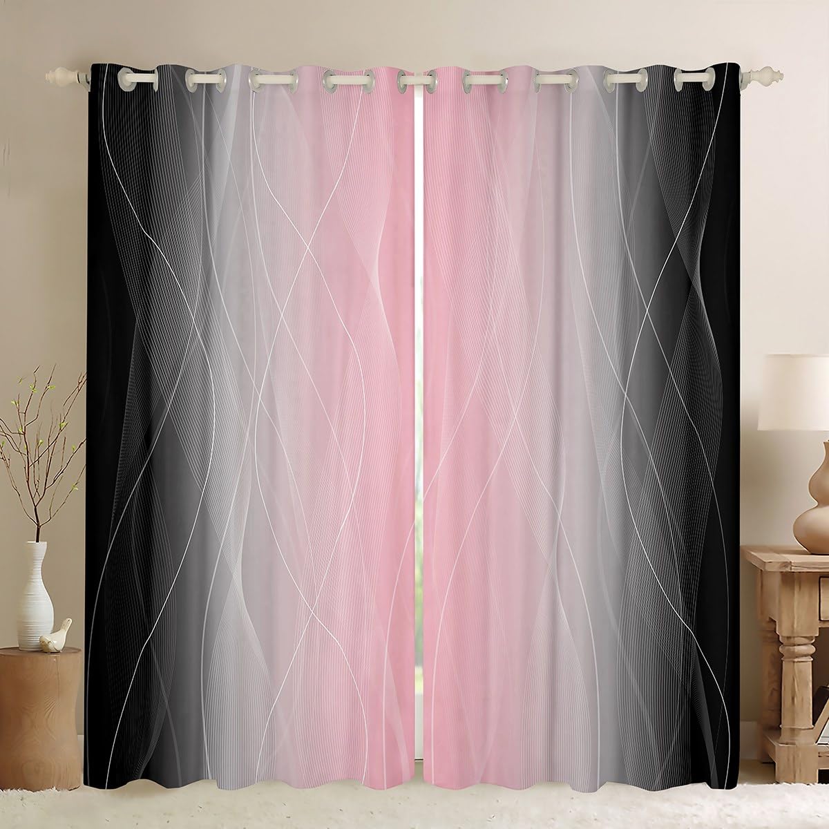 Homemissing Pink and Black Darkening Drapes Strip Lines Curtains for Bedroom Living Room For Kids Women Men Ombre 30%-50% Blackout Curtains Geometric Window Treatments W46*L72