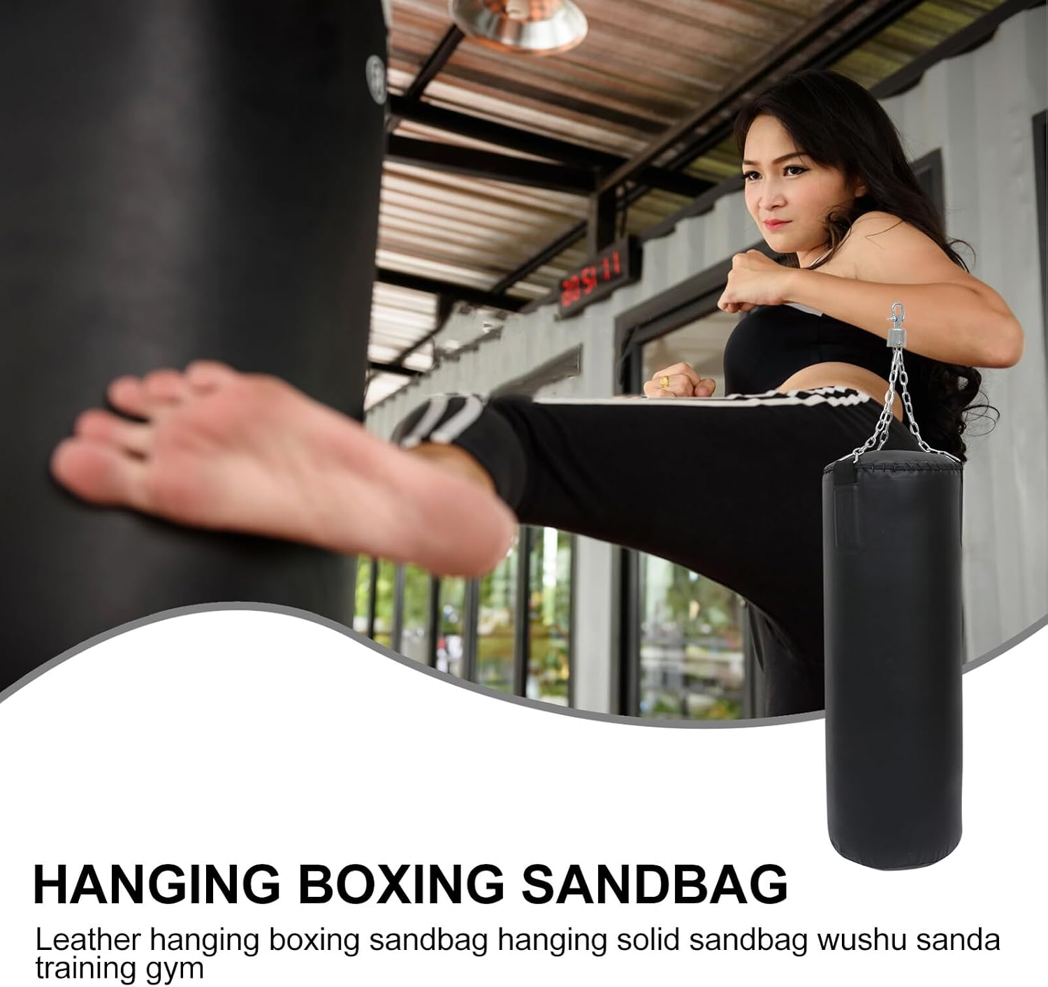 POPETPOP Boxing Pu Leather Sandbag Hanging Heavy Bag 85cm Solid Kicking Training Workout Fitness Gym Karate Exercise Punching Bag