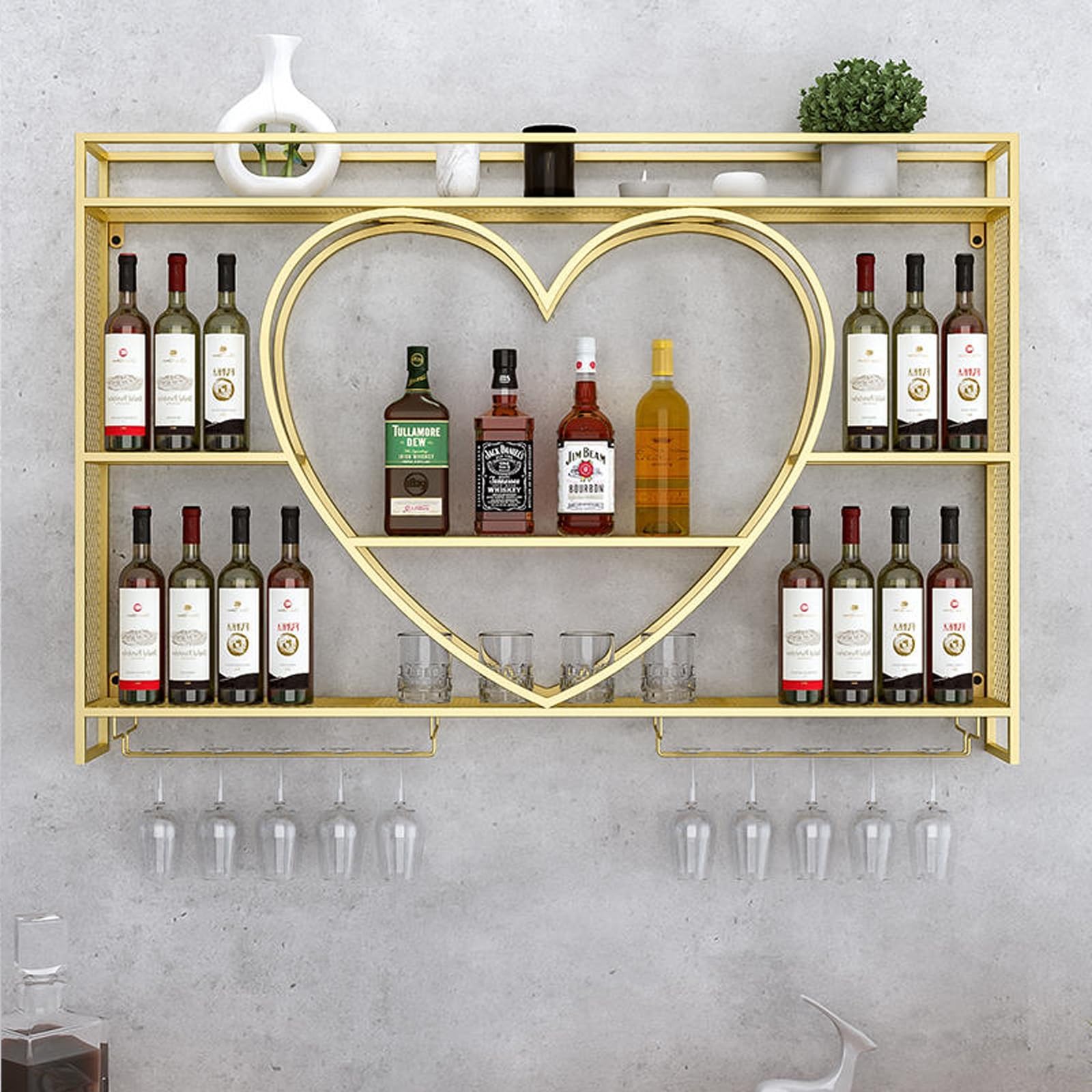 Porte-bouteille mural industriel à 3 niveaux avec support verres