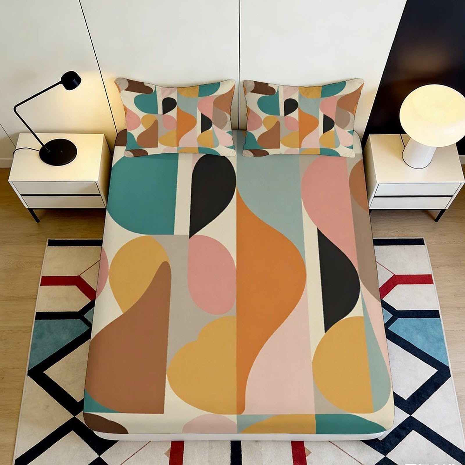 Modern colourful abstract Fitted Sheet 3D Printed, soft touch Microfiber, wrinkle resistant, daily use, apartment bedding, bedroom decor 180x200x25cm