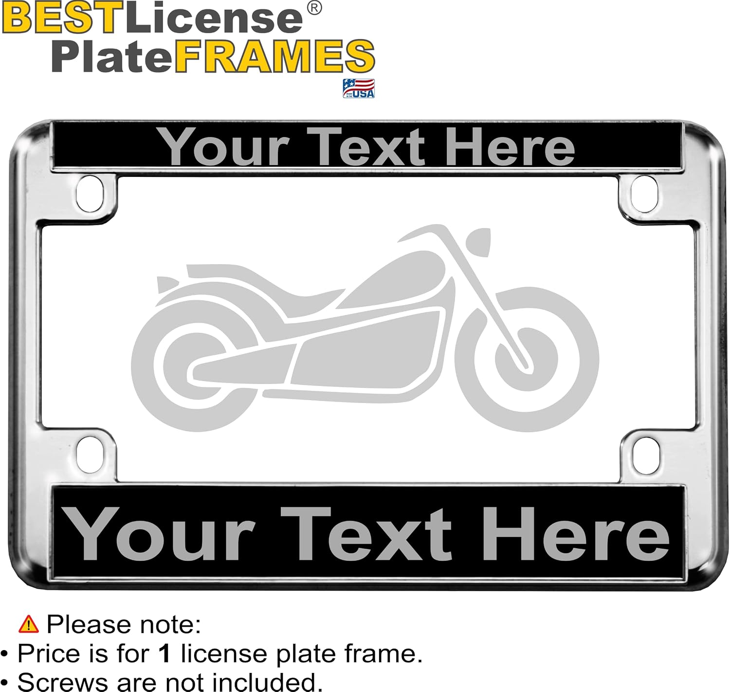Motorcycle Personalized Chrome Metal (Zinc) Laser Engraved Standard Size License Plate Frame with Custom Text Design - Black/Gray Text