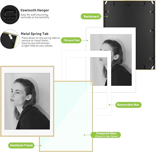 Miniatura 6 de Golden State Art, Portarretratos de aluminio de 18 x 24 pulgadas con paspartú de color marfil para fotos de 16 x 20 pulgadas, ganchos de dientes de