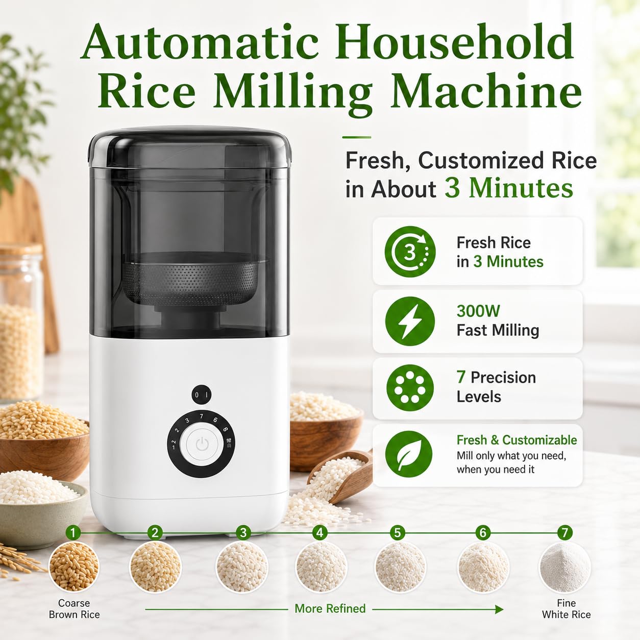 Fresatrice per riso per uso domestico con separatore di crusca da 480 ml, tazza di misurazione e precisione a 7 marce per grano e cereali