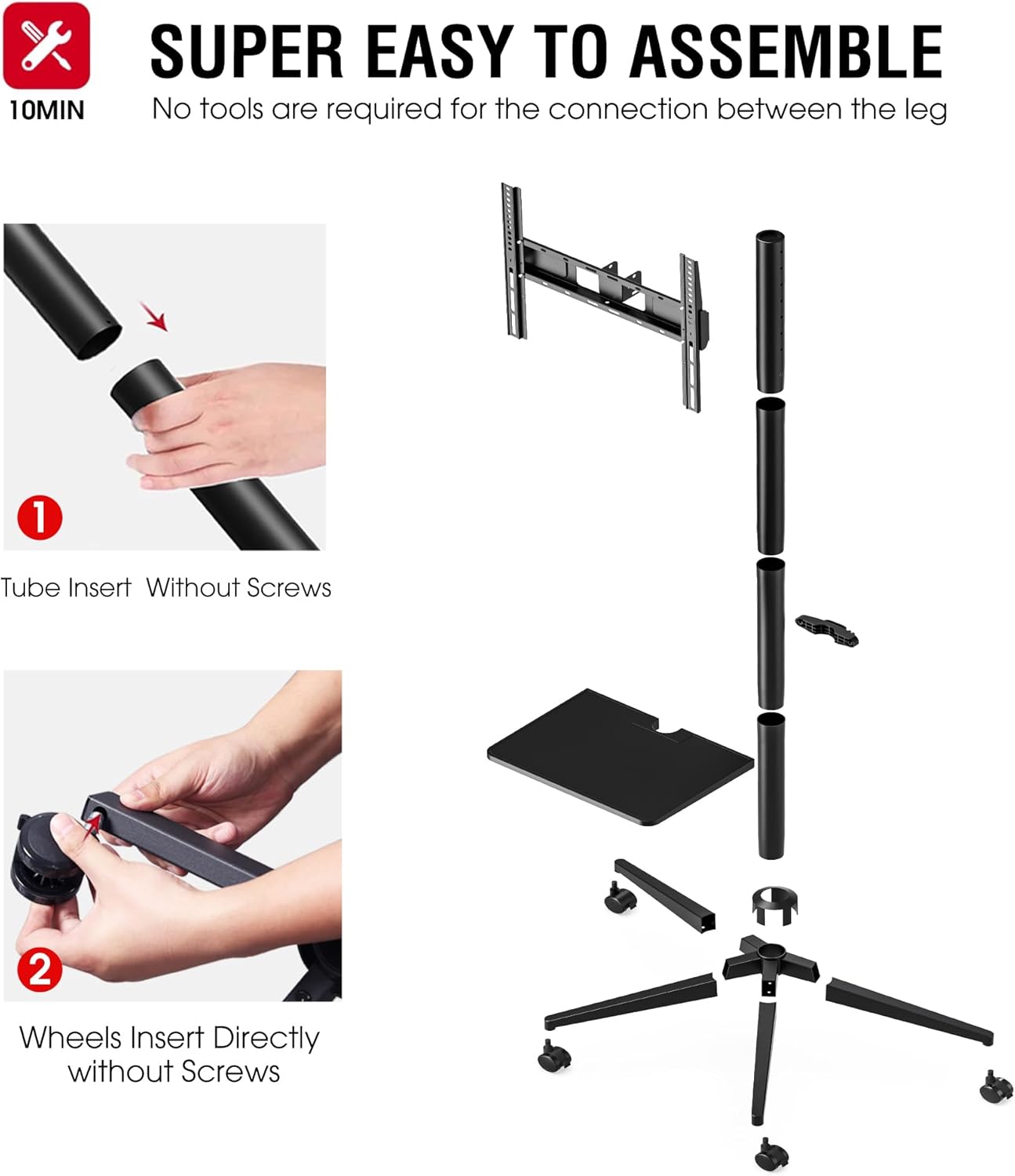 AOKCOS Tall Rolling TV Stand for 32-65 Inch TV, Snap Install Mobile TV Stand with 36 Height Levels, Max Height 68.5", 12° Tilt Rolling TV Cart with Shelf for Office/Home/Living Room/Bedroom