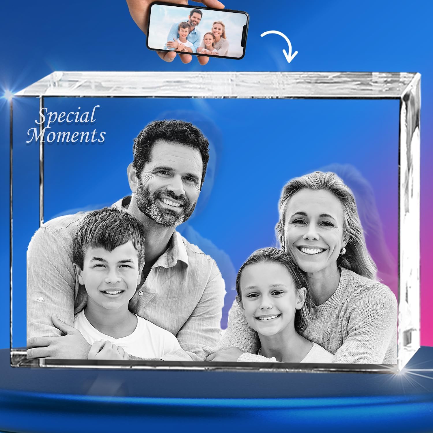 3D innovation 3D Crystal Photo, Christmas Personalized Gifts for Women, Her, Wife, Mom, Custom Glass Picture for Anniversary, Birthday, Pets, Couples Gifts, Rectangle 3D Laser Etched Crystal