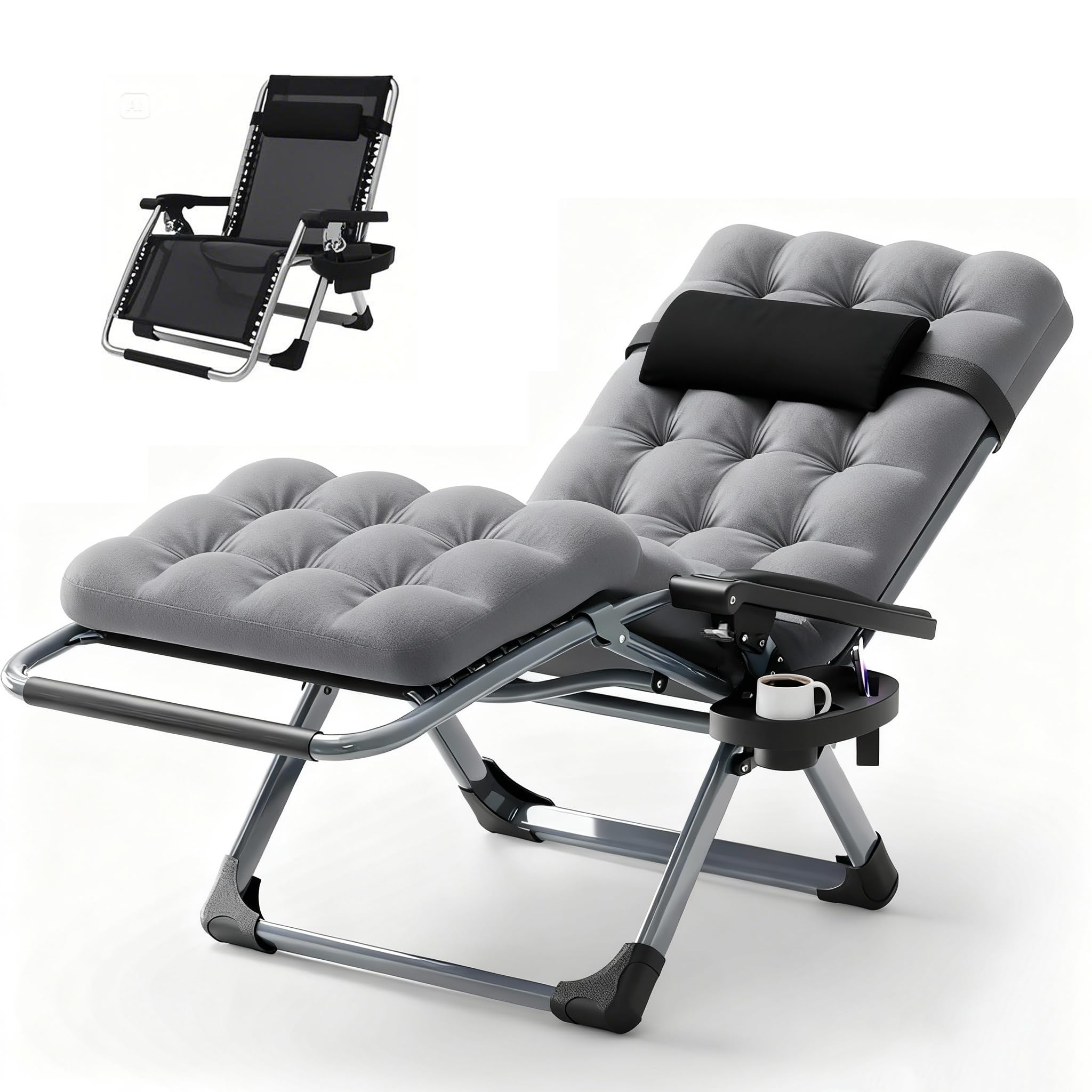Sunloungers, Reclining Camping Lounge Chair, Portable Garden chair with Cup Holder for Indoor and Outdoor, Supports 200kg, (Grey)