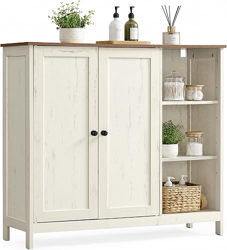 VASAGLE Mueble de Baño, Armario de Suelo de MDF con 2 Puertas y 3 Estantes Abiertos, Estantes Ajustables, 90 x 30 x 80 cm, para Baño, Salón, Blanco Rústico y Marrón Miel, Colección Siren BBK070WJ01