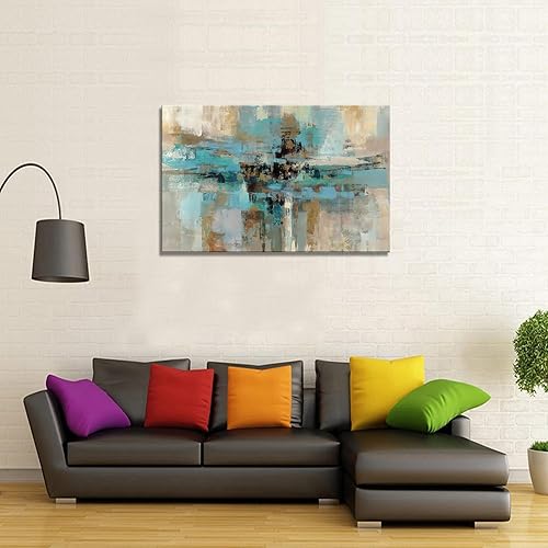 Vista 54 de DZL Art A74769 - Impresiones en lienzo abstractas para pared, pinturas artísticas azules y marrones, lienzo estirado de madera, enmarcado para sala