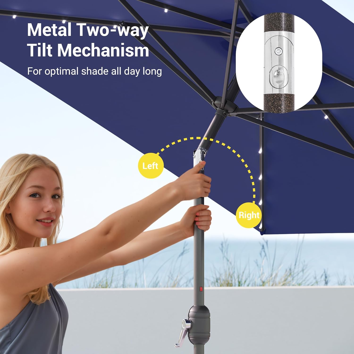 Rectangle Patio Umbrella with Solar Lights, 10x6.5ft Aluminum Outdoor Rectangular Table Market Umbrella Patio with Push Button Tilt and Crank for Pool, Deck, Garden,Backyard