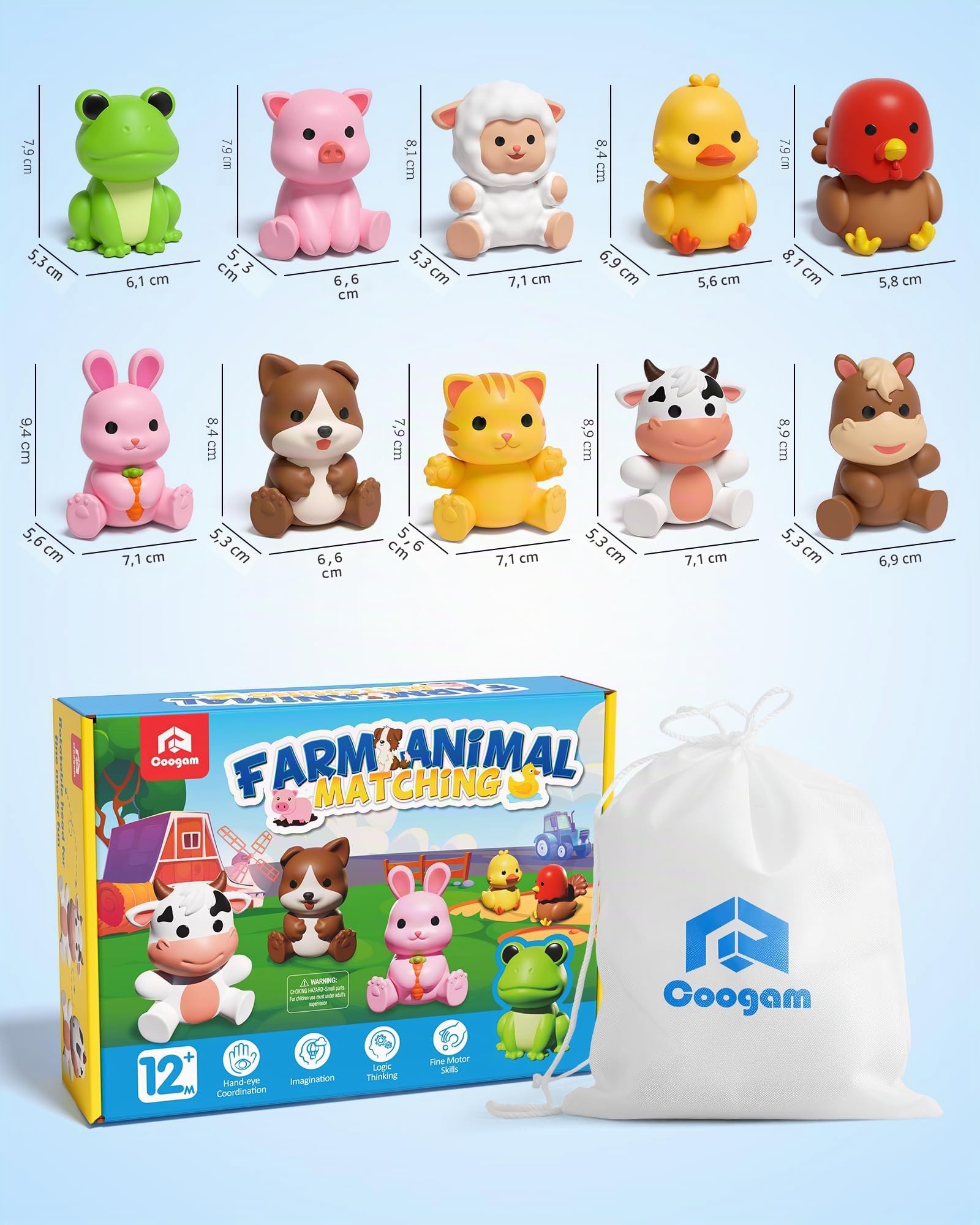 Coogam 10 juguetes de asociación con animales de granja, juegos educativos de aprendizaje motor fino para actividades en edad preescolar, conteo Montessori y clasificación de forma y color