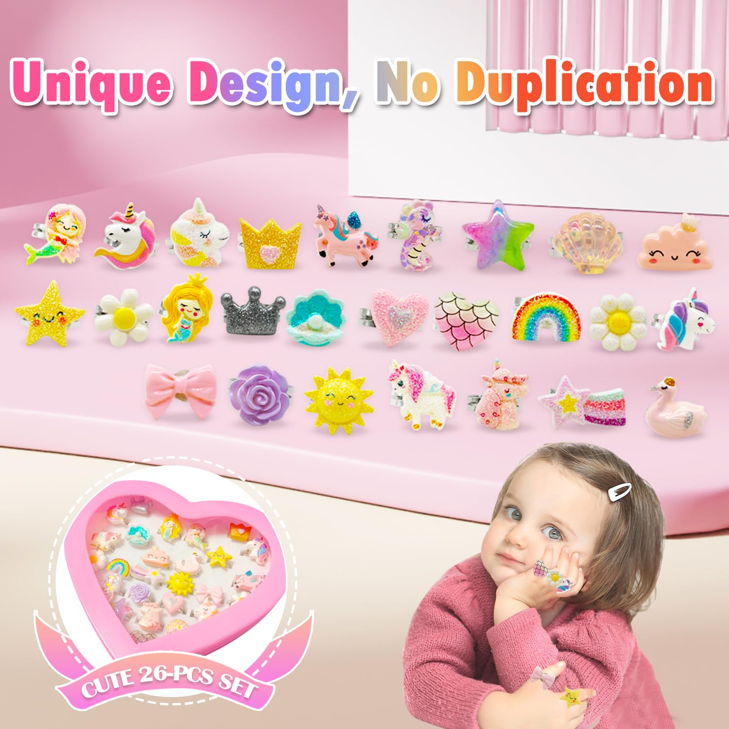 Yeefunjoy 26 Pieces Anillos Niña, Anillos para niñas, Anillos Ajustables con Caja en Forma de Corazón, Princesa Joyas Pretend Play Dress up Rings joyeria Unicornio Fiesta Cumpleaños Regalos para Niños