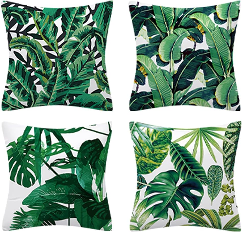 Set of 4 Tropical Leaves Cushion Covers 45X45cm Green Cushion Covers Garden Sofa Throw Pillow Cover Cotton Linen Decorative Pillow Cover for Sofa Outdoor Car Bedroom Home Decor