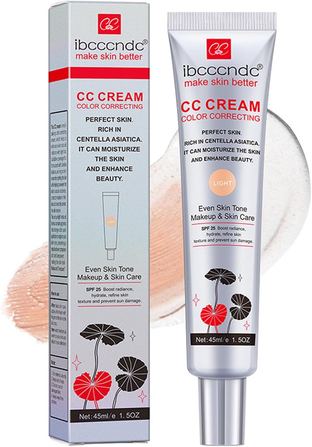 Color Correcting CC Cream,Hydrating CC Cream Foundation with Centella Asiatica Multi-Purpose Pre-makeup Primer Moisturizing Facial Concealer Sunscreen Full-Coverage CC Cream with SPF 25 (light)