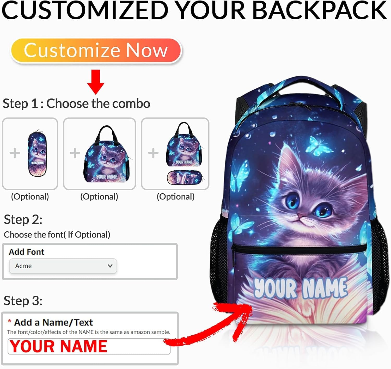 School Backpack for Girls, Personalized Cat Backpacks for Kids Kindergarten Preschool, 17 Inch Lightweight Cute Cat Bookbag with Custom Name for Travel Hiking Back to School